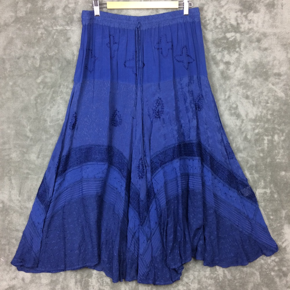 Maxi Skirt Women XL Blue Embroidered Boho Tiered Elastic Waist Festival Flowy